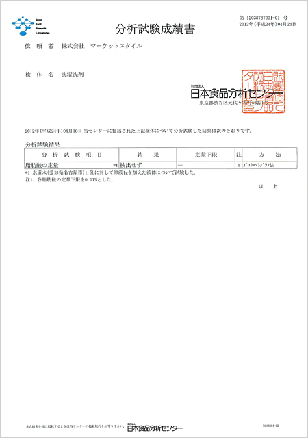 推奨洗濯洗剤の分析試験成績書